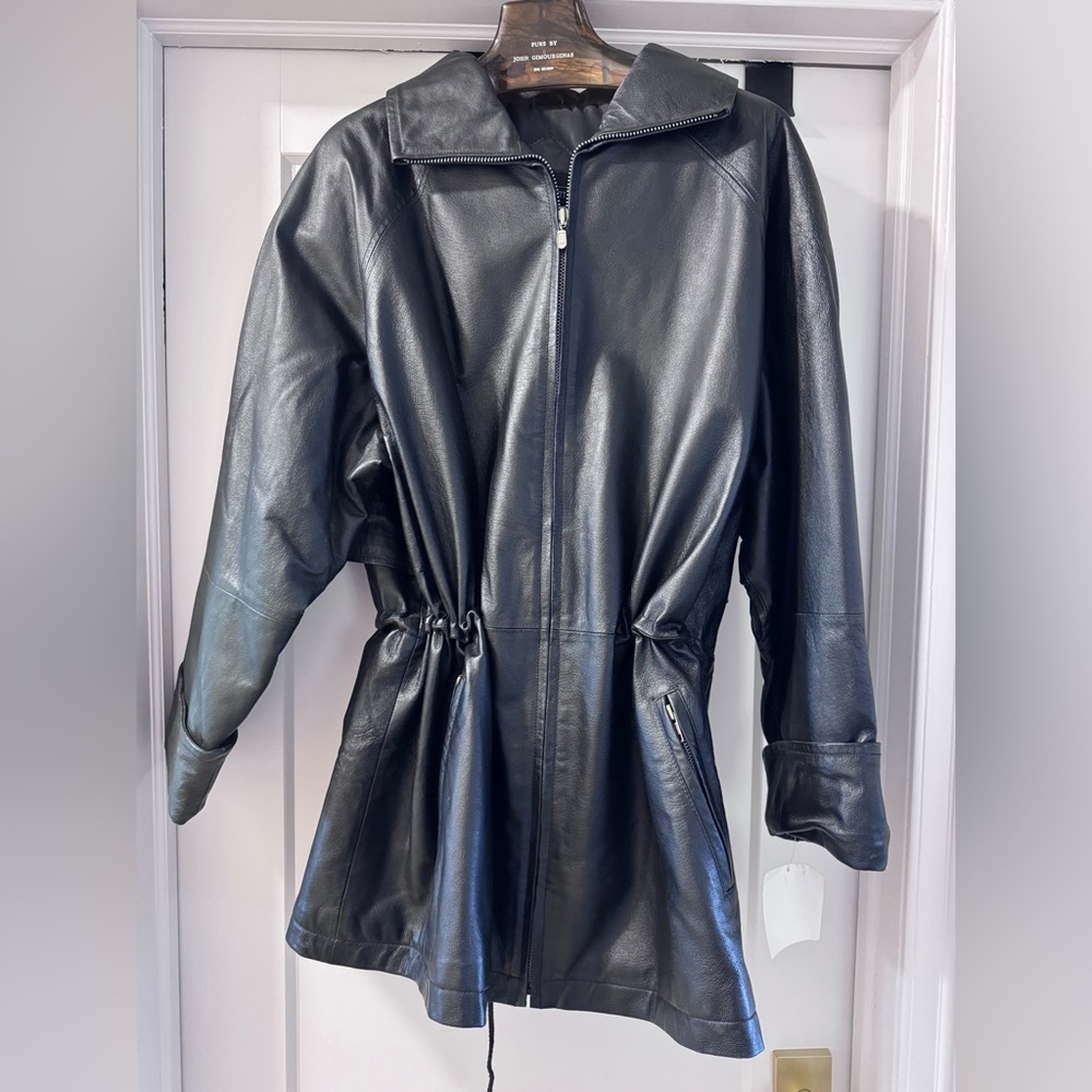 Vintage Black Genuine Leather Clinched Waist Coat Minimalist 80's Soft Leather